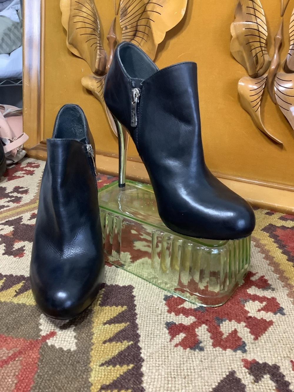 Marciano Black Leather Stiletto Ankle Booties with Gold Heel